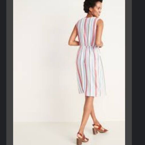 Linen Striped Sleeveless Button Down Sun Dress - Picture 2 of 10